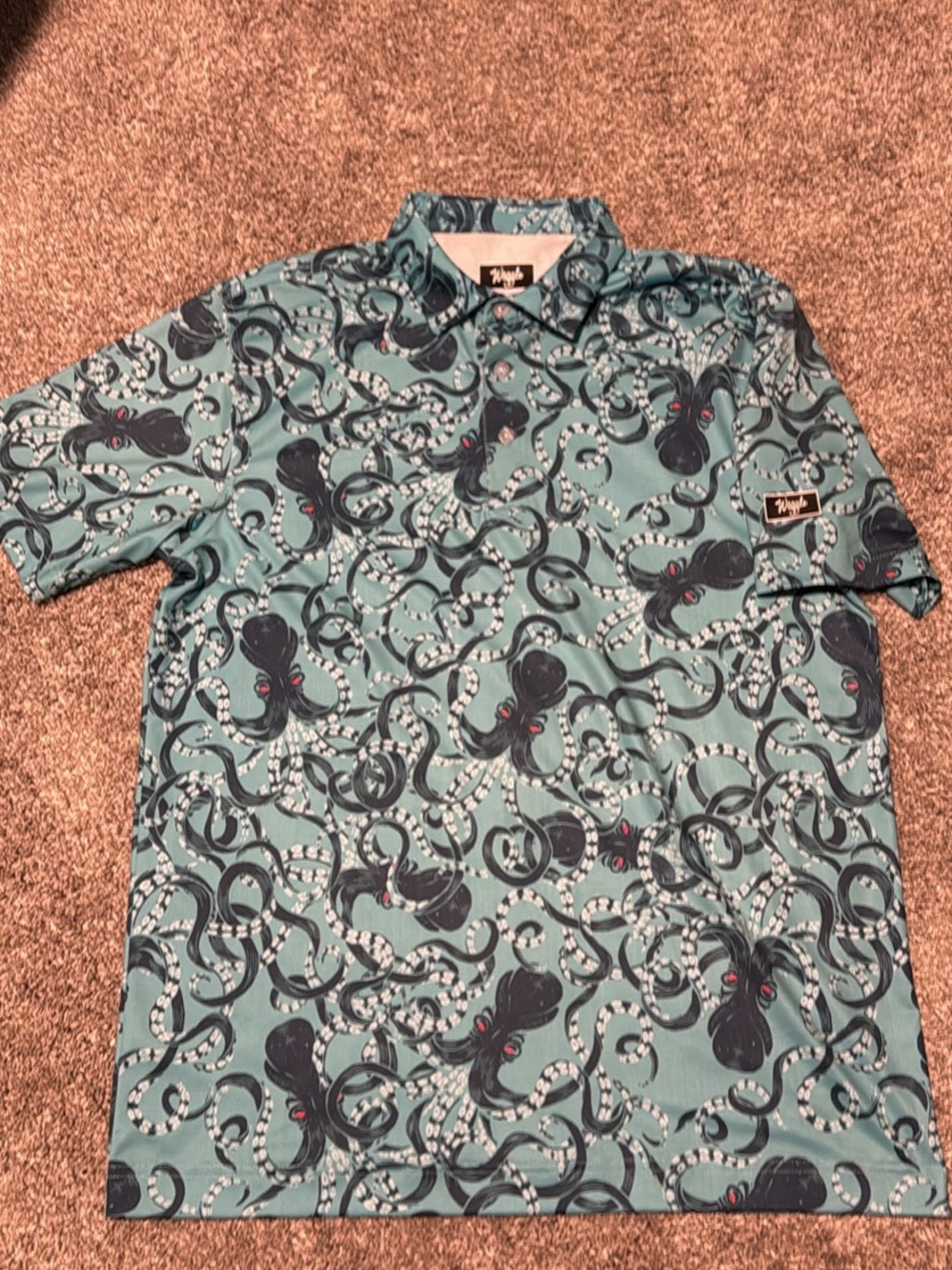 Waggle Golf Men's Short Sleeve Octopus Print Polo Shirt - Teal Medium